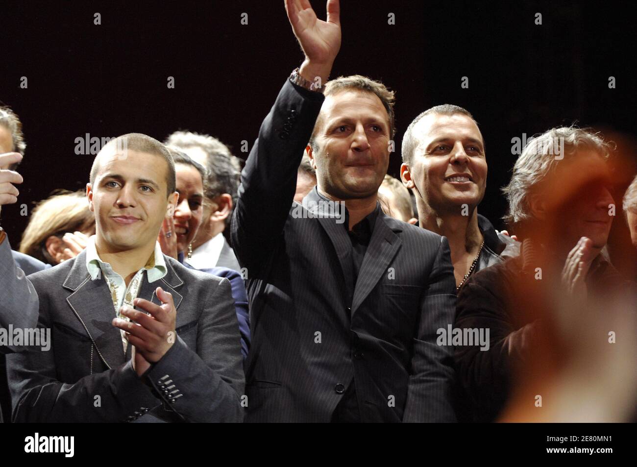 Singer Faudel and TV presenter Arthur pictured on stage waving Nicolas Sarkozy's supporters, Place de la Concorde in Paris, France, May 6, 2007. French voters elected reform-minded Nicolas Sarkozy as their new president on Sunday, giving him a comfortable winning margin, preliminary official results and projections from four polling agencies showed. With more than half of the vote counted, Sarkozy was scoring just over 53 percent to a little more than 46 percent for Socialist Segolene Royal. Polling agencies also had the conservative Sarkozy winning 53 percent of the vote compared to 47 for Ro Stock Photo