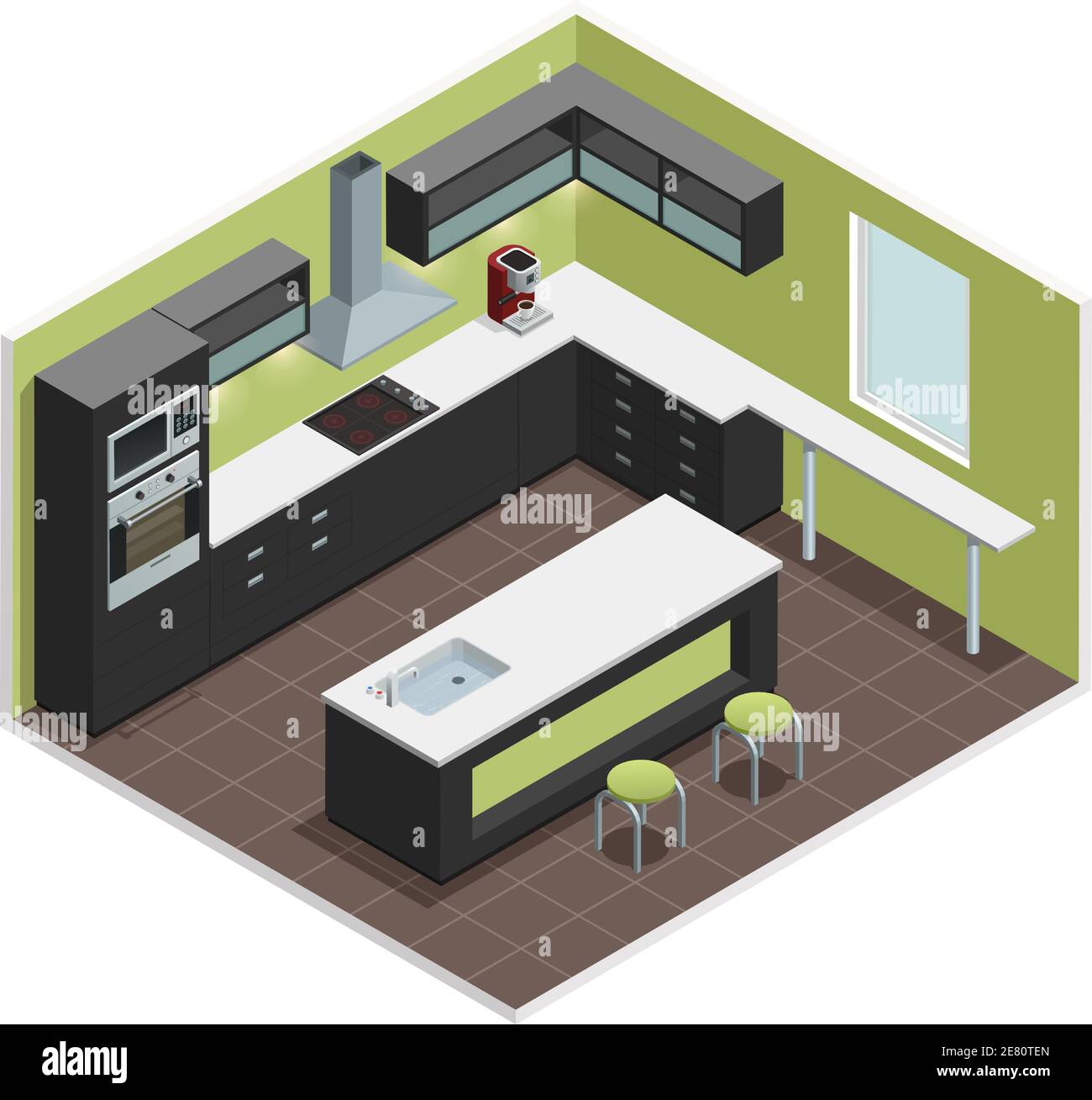 Modern kitchen interior isometric view with counter stove range cooker oven  shelves refrigerator and cabinets vector illustration Stock Vector