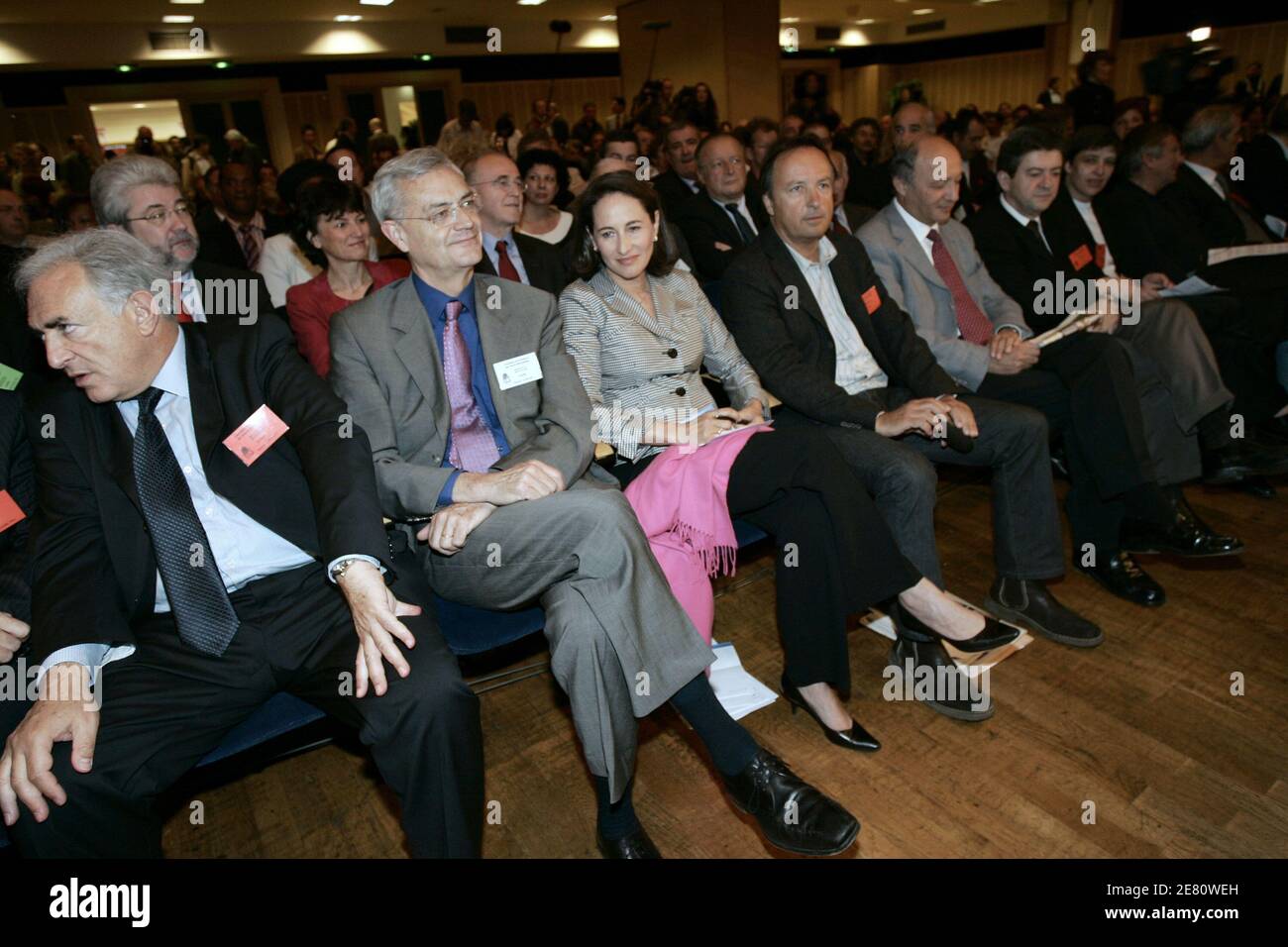 Dominique Strauss-Kahn, Jean-Louis Bianco, Segolene Royal, Laurent Fabius  sit front row at the Socialist Party National Council, held at the  'Mutualite' hall in Paris, France on May 12, 2007. Photo by  Mousse/ABACAPRESS.COM