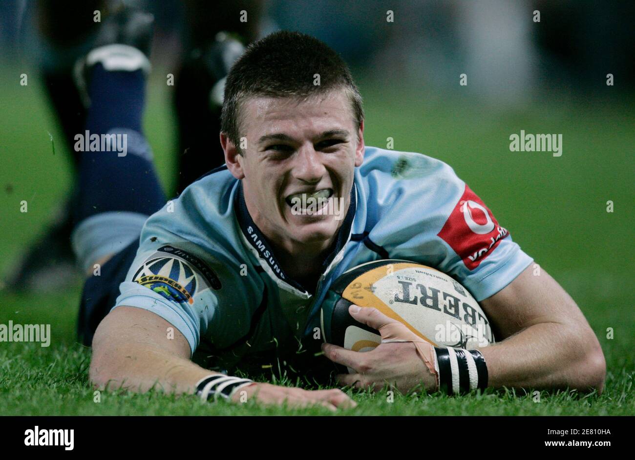 Rob Horne of the Waratahs from Australia reacts as he scores against the Sharks from South Africa during their Super 14 semi-final rugby match in Sydney May 24, 2008. REUTERS/Will Burgess    (AUSTRALIA) Stock Photo