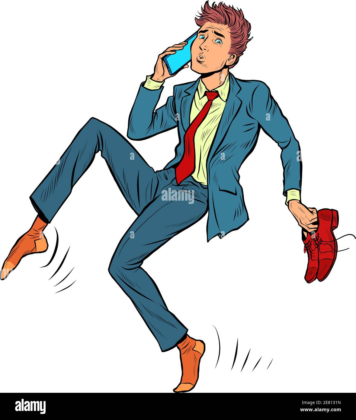 The man sneaks up quietly. Shoes in hand, talking on the phone Stock Vector