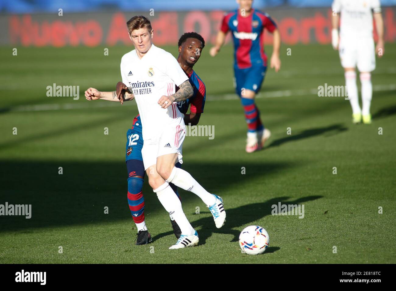 Toni Kroos of Real Madrid and Michael Malsa of Levante in action during the spanish league, La Liga Santander, football match played between Real Madrid and Levante UD at Ciudad Deportiva Real Madrid on january 30, 2021, in Valdebebas, Madrid, Spain. / LM Stock Photo