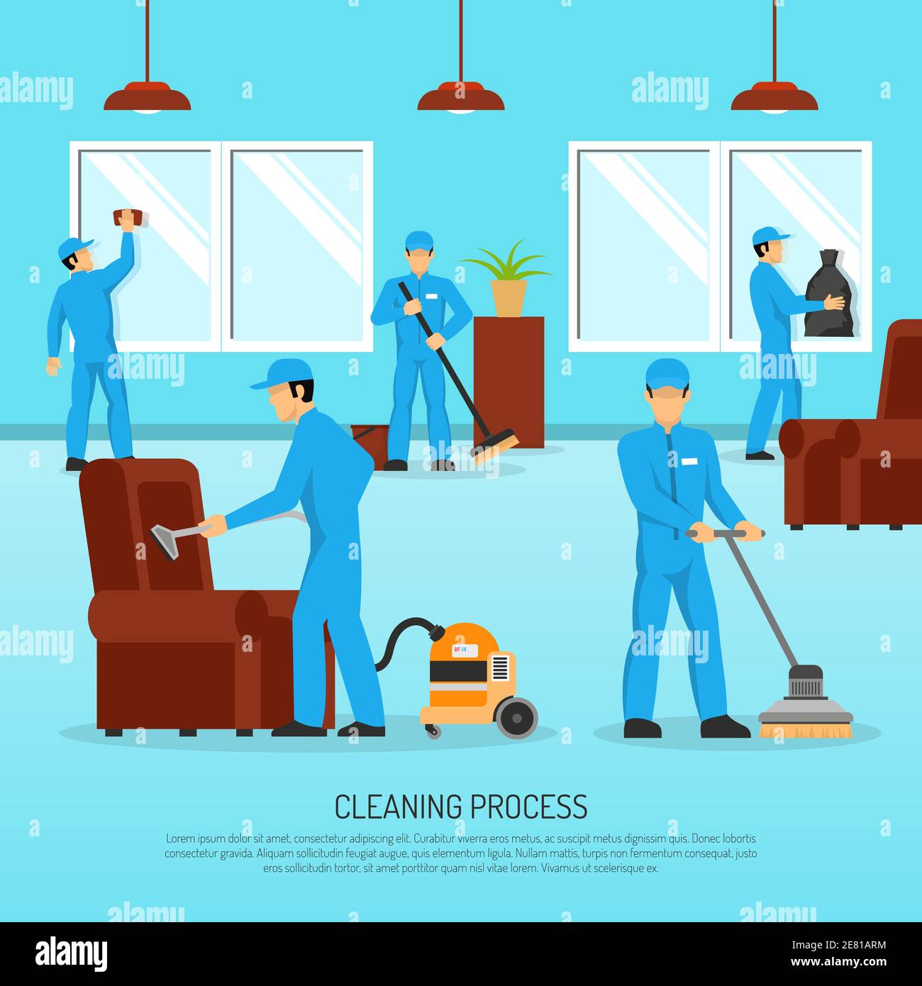 Industrial cleaning and maintain company service team at work in warehouse facility flat poster