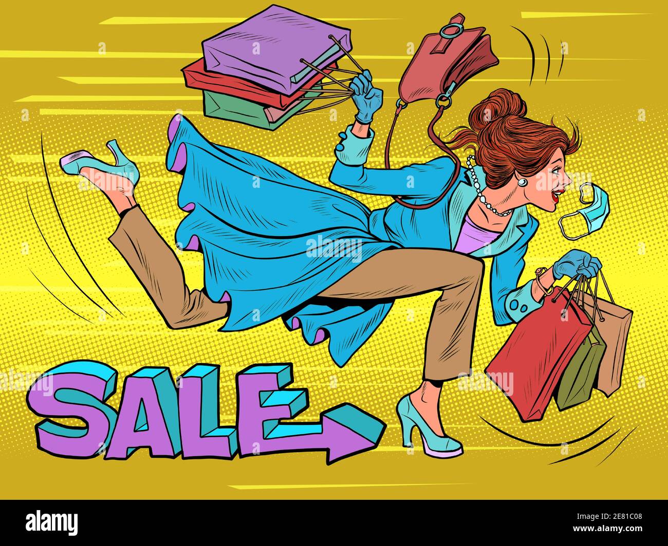 A woman runs to a sale. Discounts in the store Stock Vector