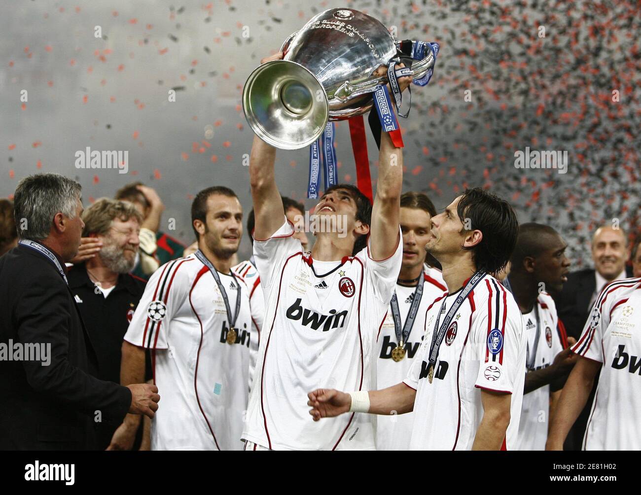 AC Milan's Kaka celebrates with the trophy during the UEFA Champions League  Final, AC Milan v Liverpool at Olympic Stadium, in Athens, Greece, on May  23, 2007. AC Milan won 2-1. Photo