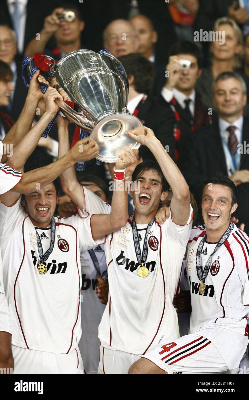 AC Milan's Kaka celebrates with the trophy during the UEFA Champions League  Final, AC Milan v Liverpool at Olympic Stadium, in Athens, Greece, on May  23, 2007. AC Milan won 2-1. Photo