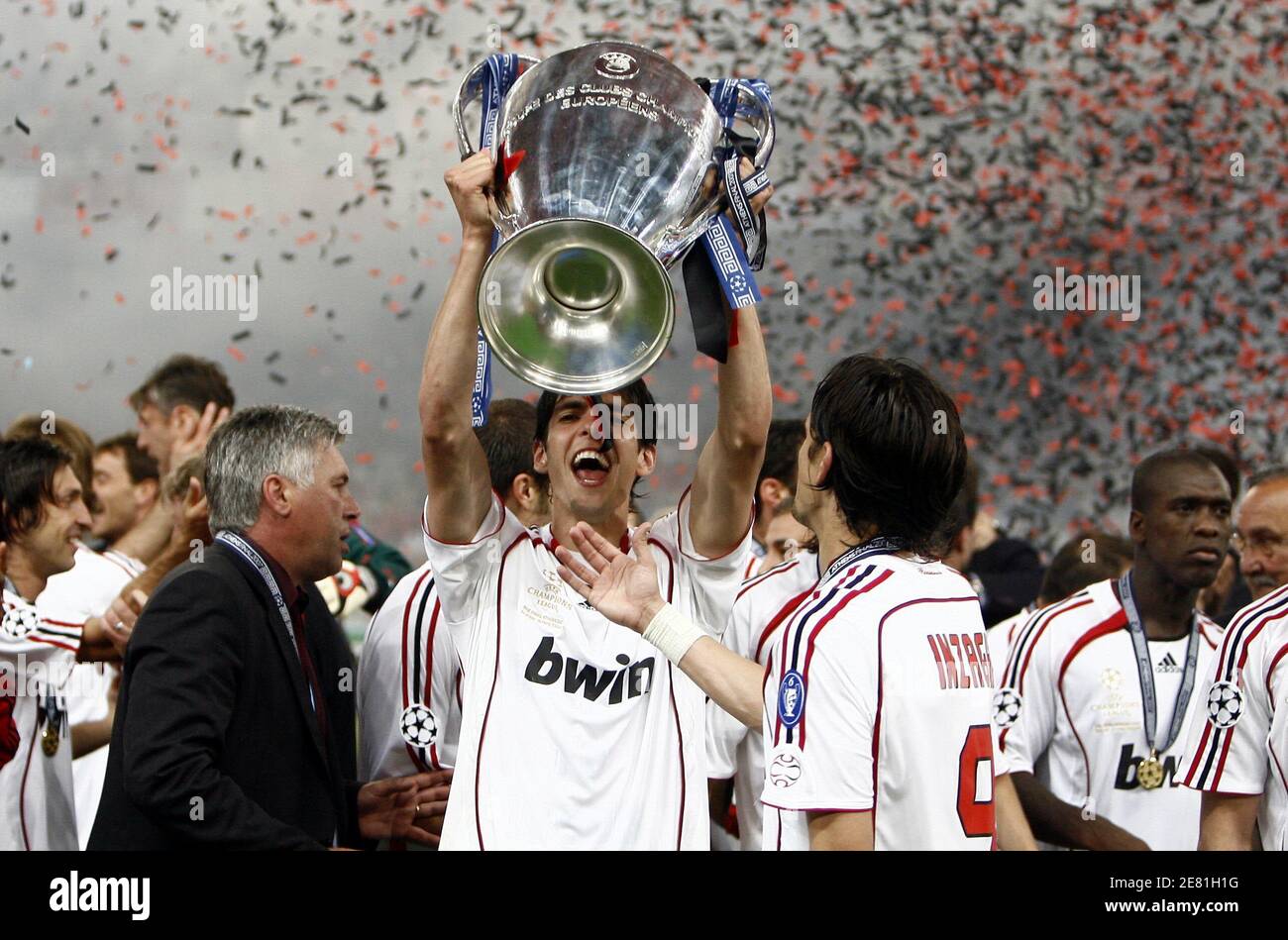 AC Milan's Kaka celebrates with the trophy during the UEFA Champions