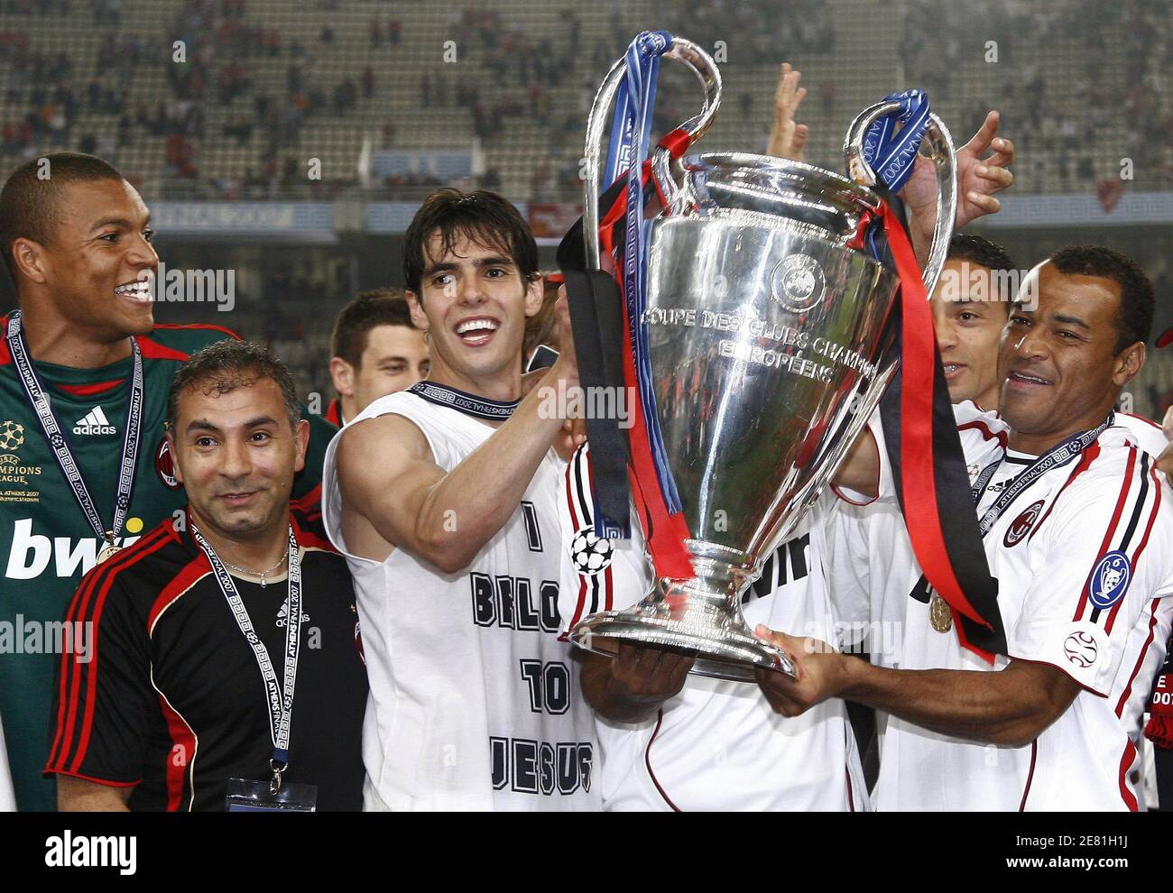 AC Milan's Dida, Kaka and Cafu celebrate with the trophy during the UEFA Champions  League Final, AC Milan v Liverpool at Olympic Stadium, in Athens, Greece,  on May 23, 2007. AC Milan