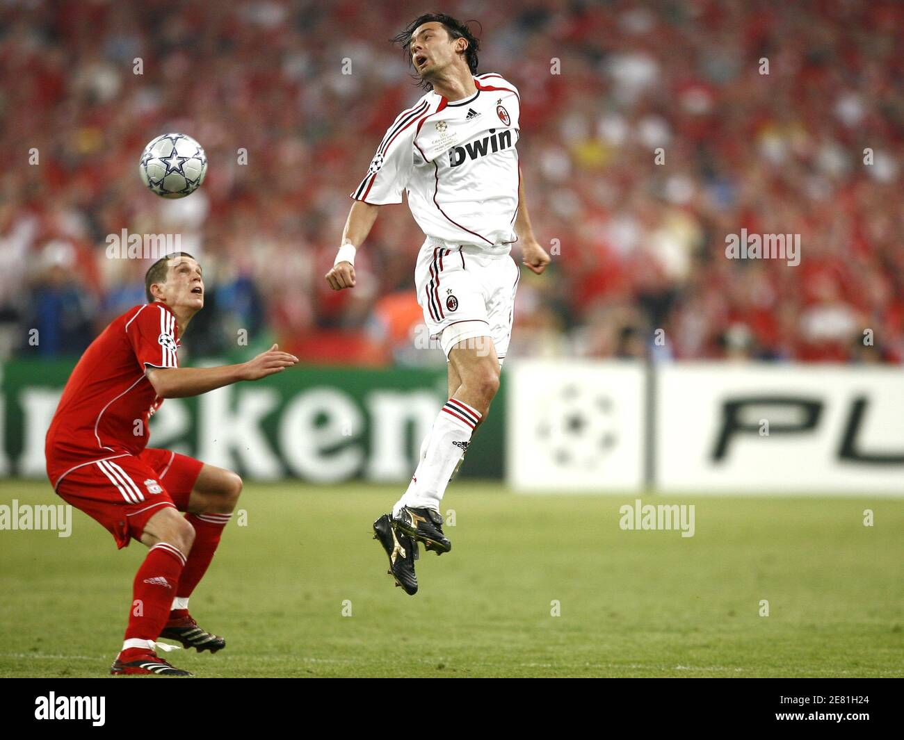 AC Milan's Felippo Inzaghi and Liverpool's Jamie Carragher battle for the ball during the UEFA Champions League Final, AC Milan v Liverpool at Olympic Stadium, in Athens, Greece, on May 23, 2007. AC Milan won 2-1. Photo by Christian Liewig/ABACAPRESS.COM Stock Photo