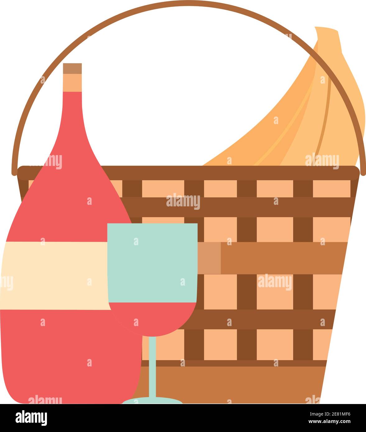 picnic basket with bananas wine bottle and glass cup vector ...