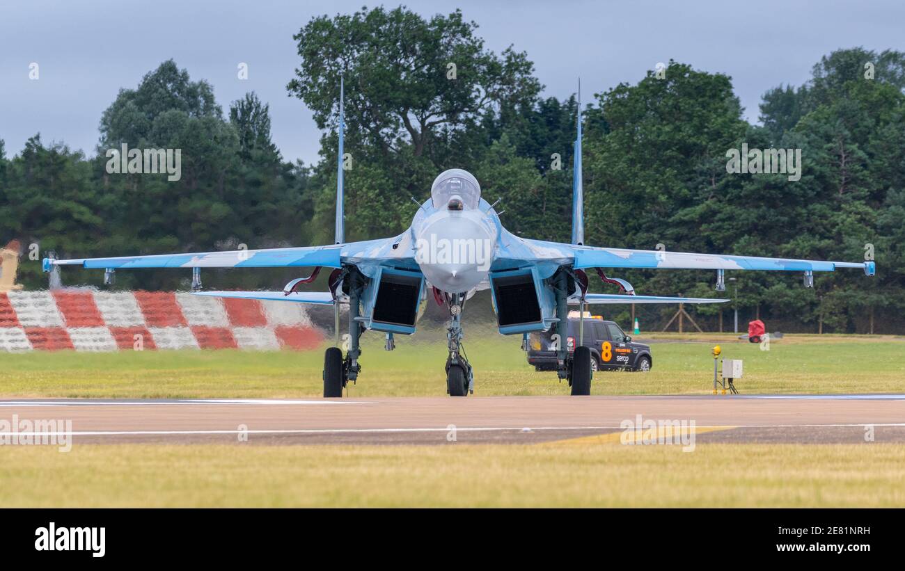 Fairford, UK - 15th July 2017: A Sukhoi Su-27 Flanker fighter aircraft in flight Stock Photo