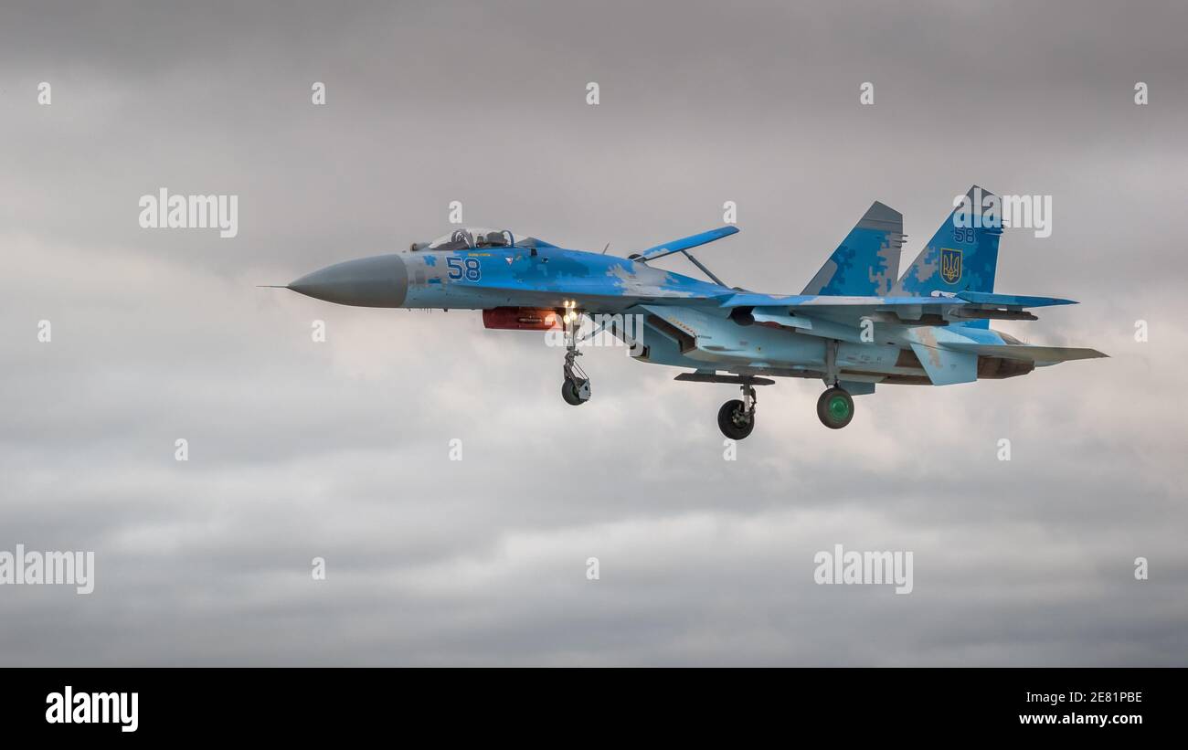 Fairford, UK - 15th July 2017: A Sukhoi Su-27 Flanker fighter aircraft in flight Stock Photo