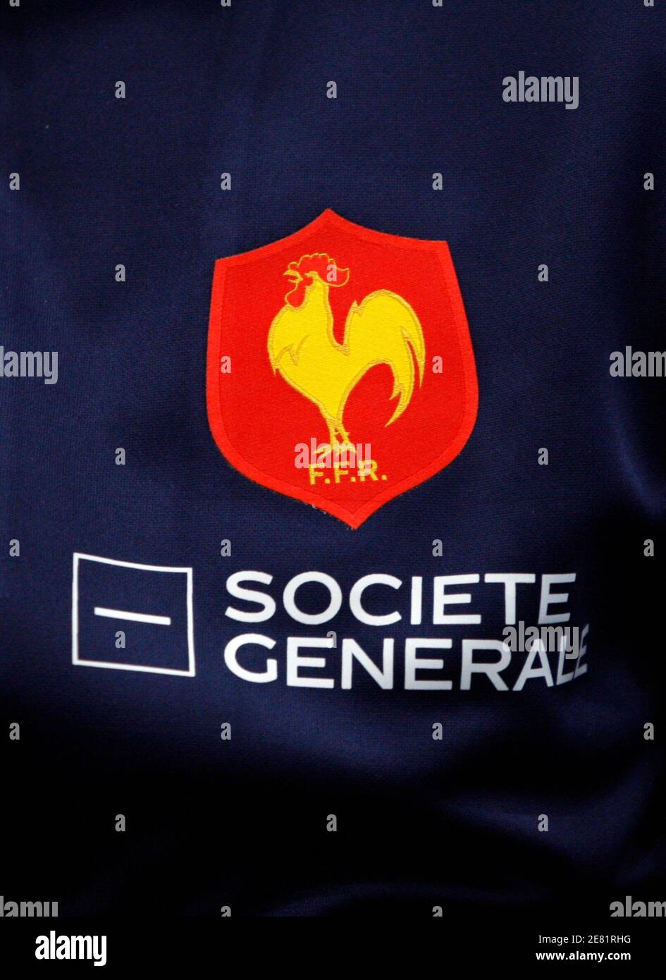 The main sponsors of the French rugby union team appear on David Marty's suit during a news conference in Marcoussis, southern Paris January 29, 2008. Among them the French bank Societe Generale which uncovered massive unauthorised stock trading by one of its employees, Jerome Kerviel, that led to 4.9 billion euros ($7.22 billion) of losses. France will face Scotland in their Six Nations championship rugby union opening match at Murrayfield Stadium in Edinburgh, Scotland February 3, 2008. REUTERS/Charles Platiau (FRANCE) Stock Photo
