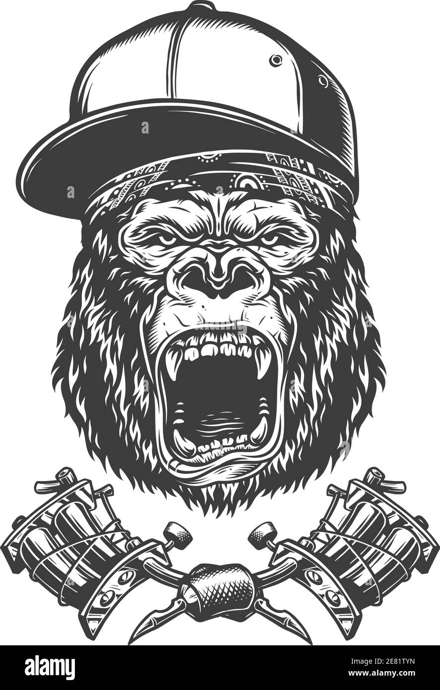 Vintage ferocious gorilla head in baseball cap and bandana with crossed  tattoo machines isolated vector illustration Stock Vector Image & Art -  Alamy