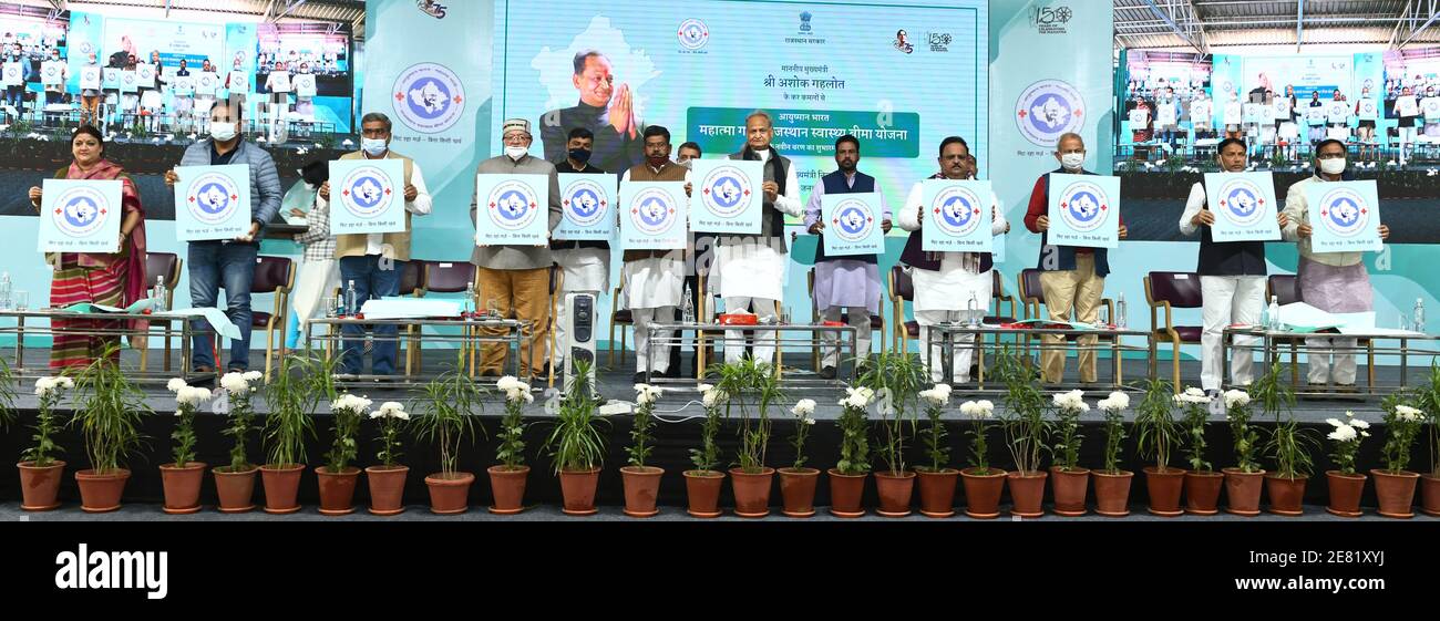 Jaipur, India. 30th Jan, 2021. Rajasthan Chief Minister Ashok Gehlot launches the Ayushman Bharat Mahatma Gandhi Swasthya Bima Yojna (Health Insurance Scheme) in Jaipur. The new health insurance plan of the Rajasthan government will benefit 1.30 crore families and they would get free medical coverage. (Photo by Sumit Saraswat/Pacific Press) Credit: Pacific Press Media Production Corp./Alamy Live News Stock Photo