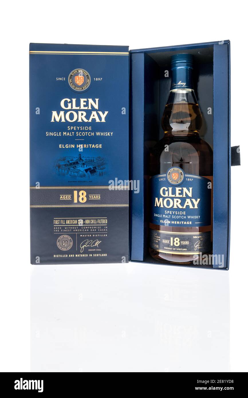 Winneconne, WI -22 January 2021: A bottle of Glen Moray speyside single malt scotch whisky on an isolated background. Stock Photo