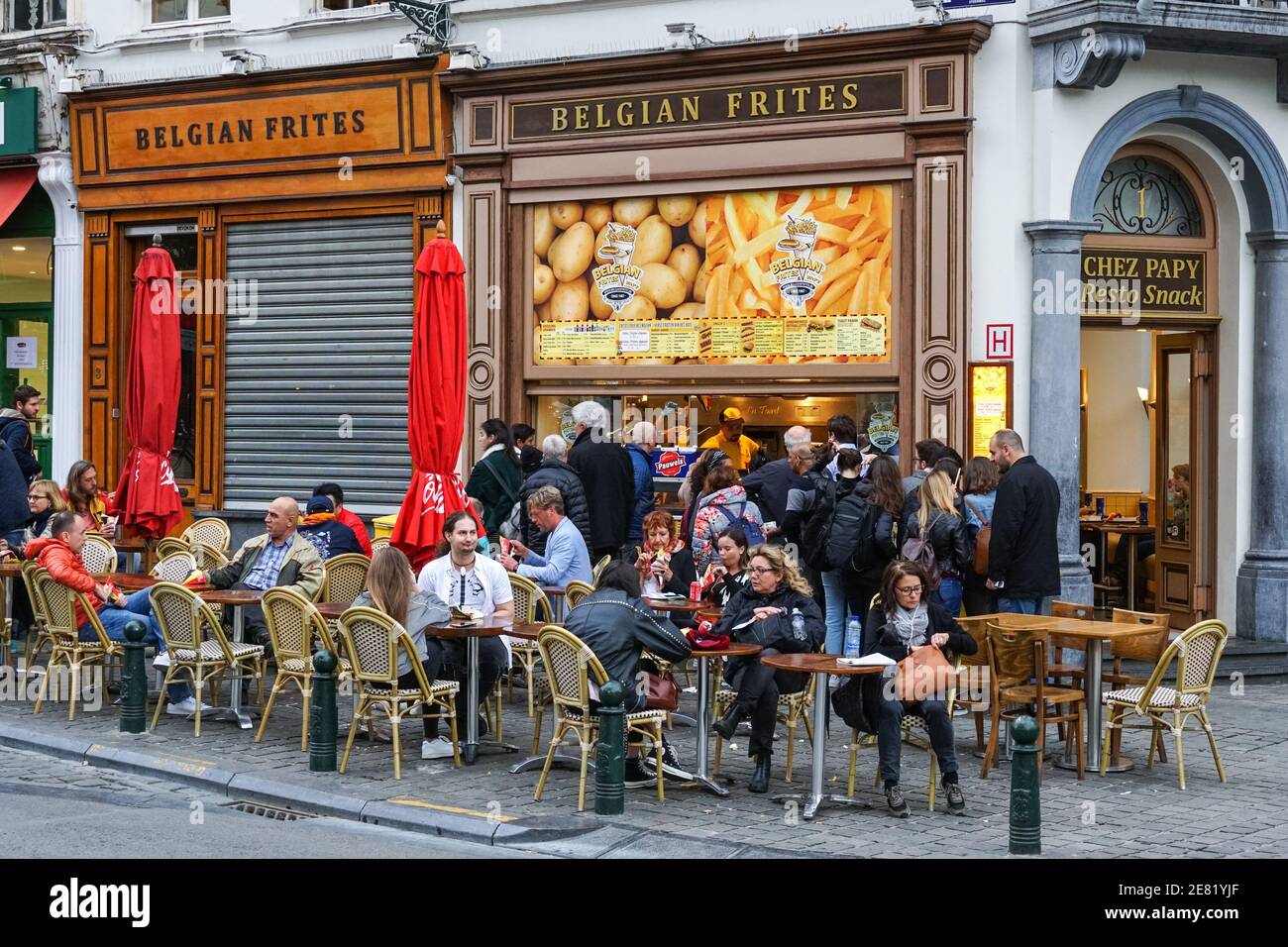 Traditional Belgian fries shop, Belgian Frites in Brussels, Belgium Stock Photo