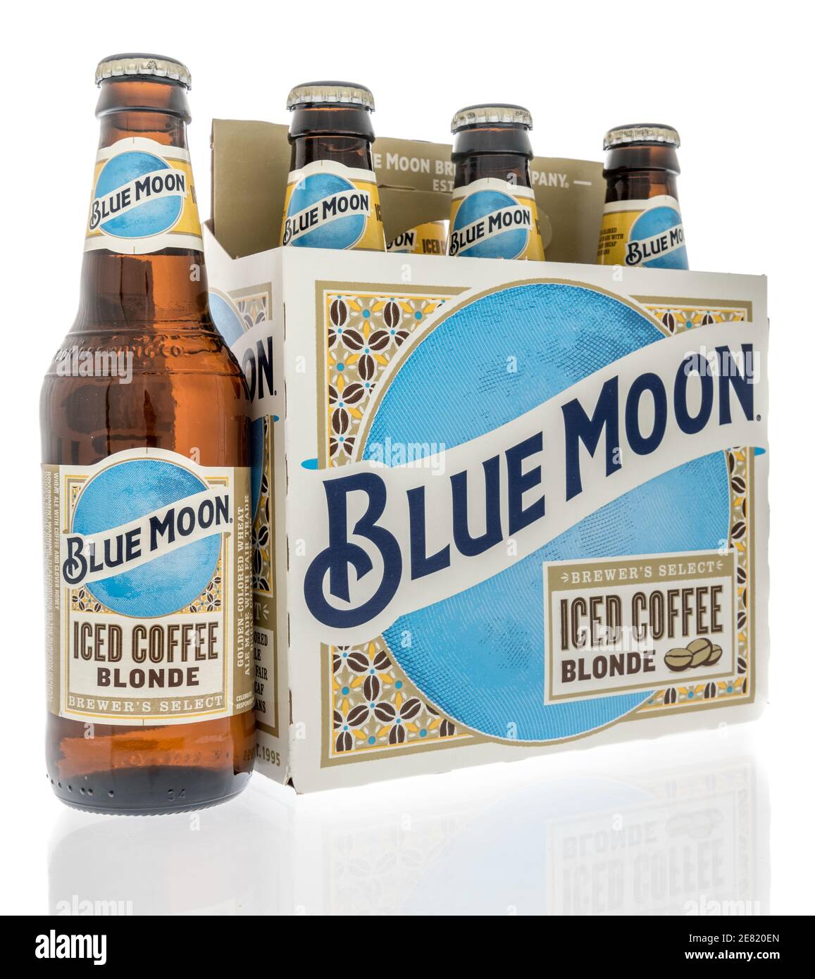 Winneconne, WI -22 January 2021: A six pack of Blue moon iced coffee blonde beer on an isolated background. Stock Photo