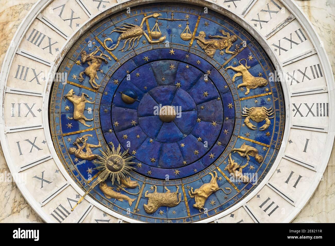 Astrological signs, zodiac symbols on St Mark's Clock Tower renaissance building on the the Piazza San Marco in Venice, Italy Stock Photo