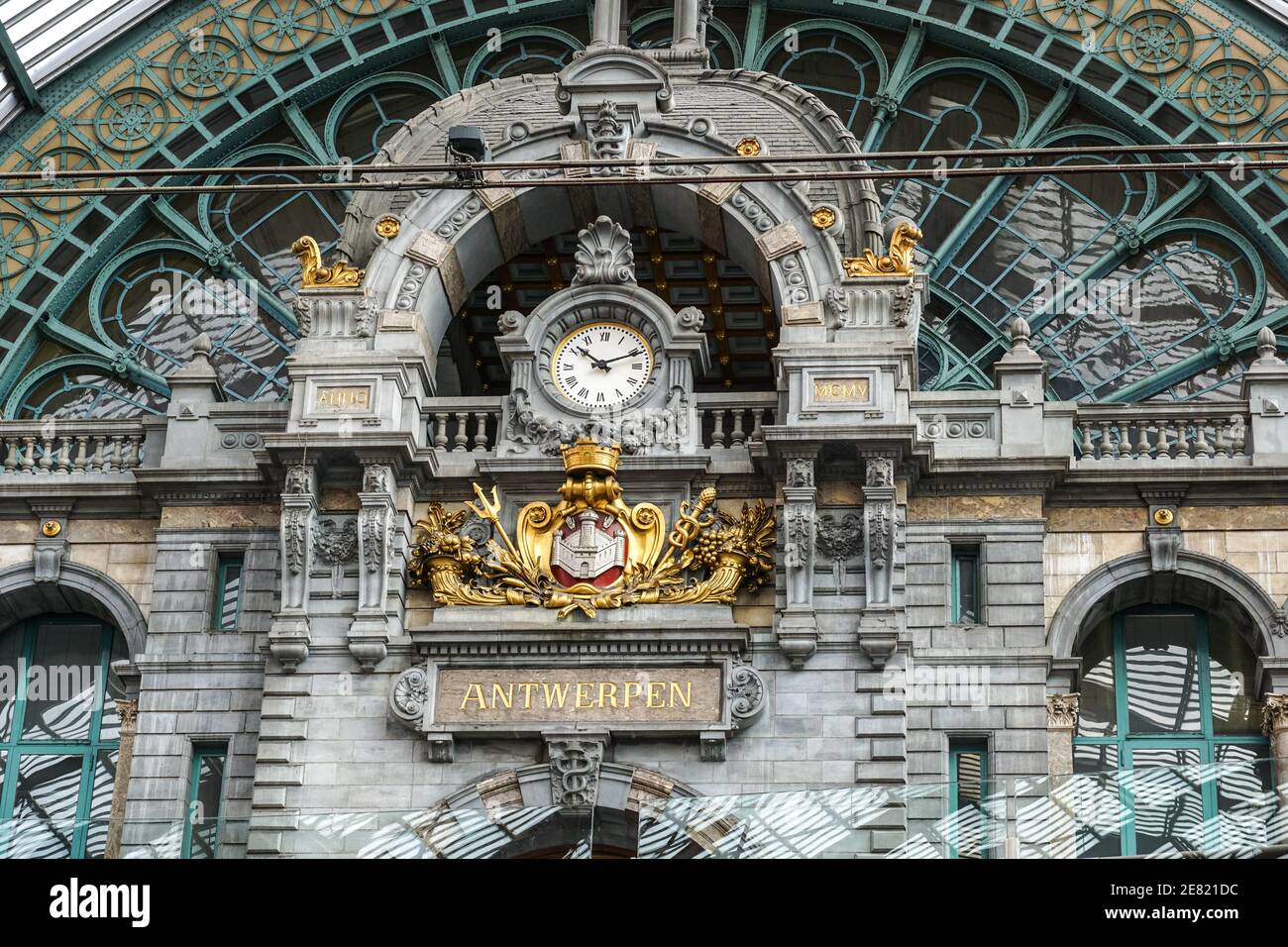 The clock at the upper level of the Antwerp Central Station, Belgium Stock Photo