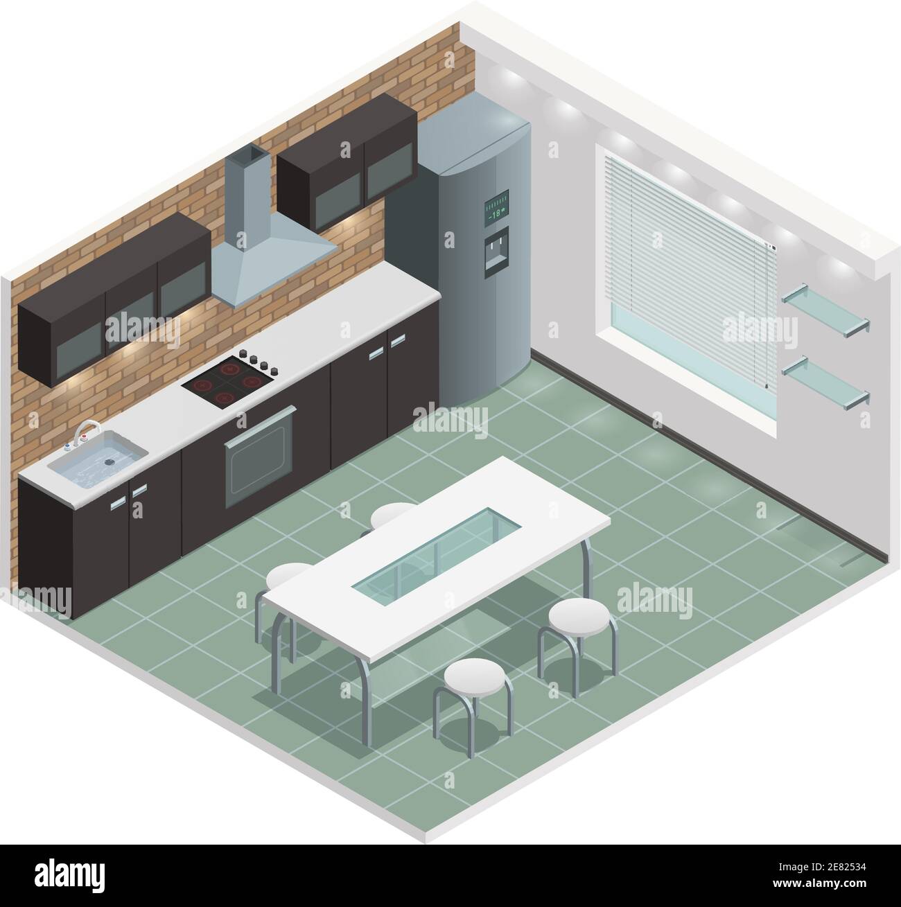 Modern family kitchen isometric view with counter built in oven and european style cabinets vector illustration Stock Vector