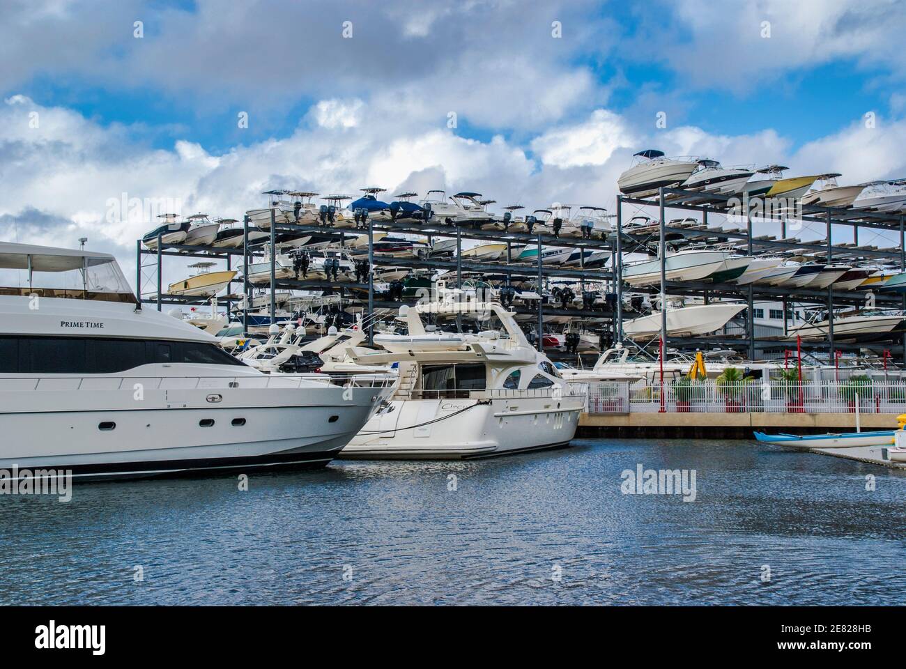 Powerboat docking and dry storage at Dinner Key Marina in Coconut Grove in Miami, Florida. Stock Photo