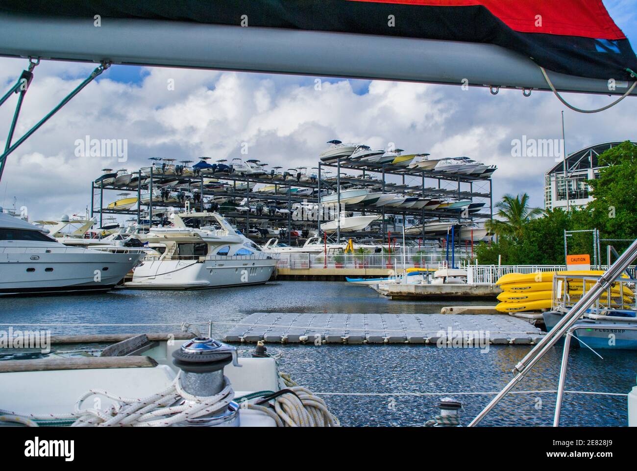 Powerboat docking and dry storage at Dinner Key Marina in Coconut Grove in Miami, Florida. Stock Photo