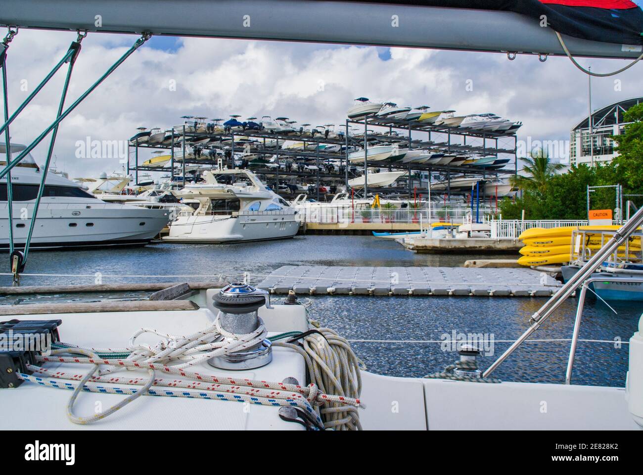 Powerboat docking and dry storage at Dinner Key Marina in Coconut Grove in Miami, Florida. Stock Photo