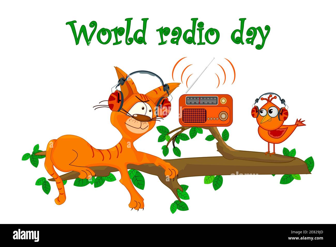 Cat and bird with radio isolated on white background. Cat with bird  listening music on branch. World radio day. Retro radio and comic animals.  Vector Stock Vector Image & Art - Alamy
