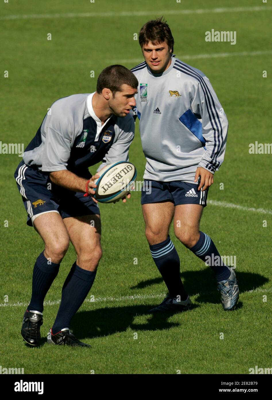 Lucas Ostiglia (L) and Federico Serra of Argentina's national rugby team Los  Pumas practice during a training session in Montmorency in preparation for  the upcoming Rugby World Cup in France September 4,