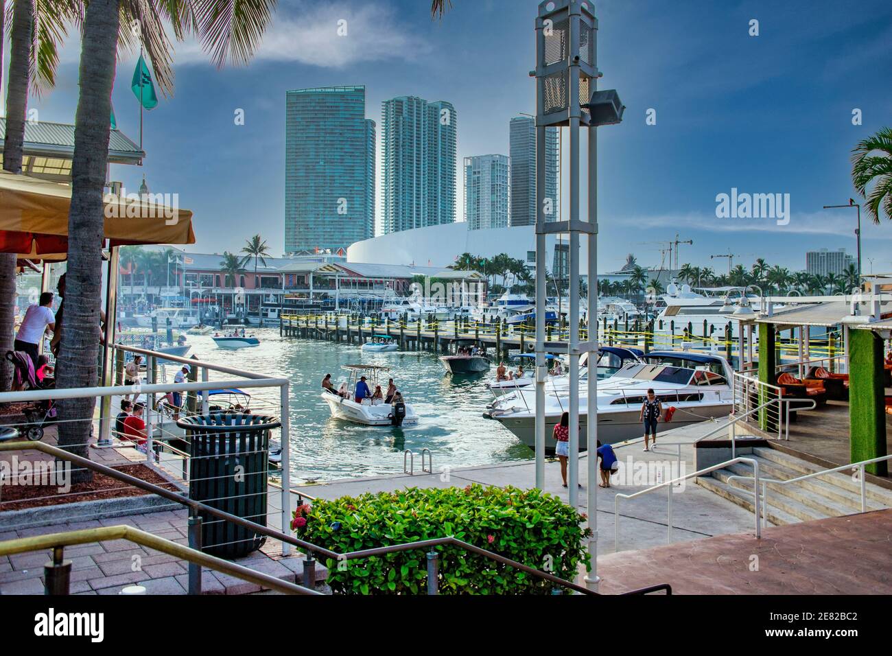 The marina at the Bayfront Marketplace located on Biscayne Bay in Miami, Florida. Stock Photo