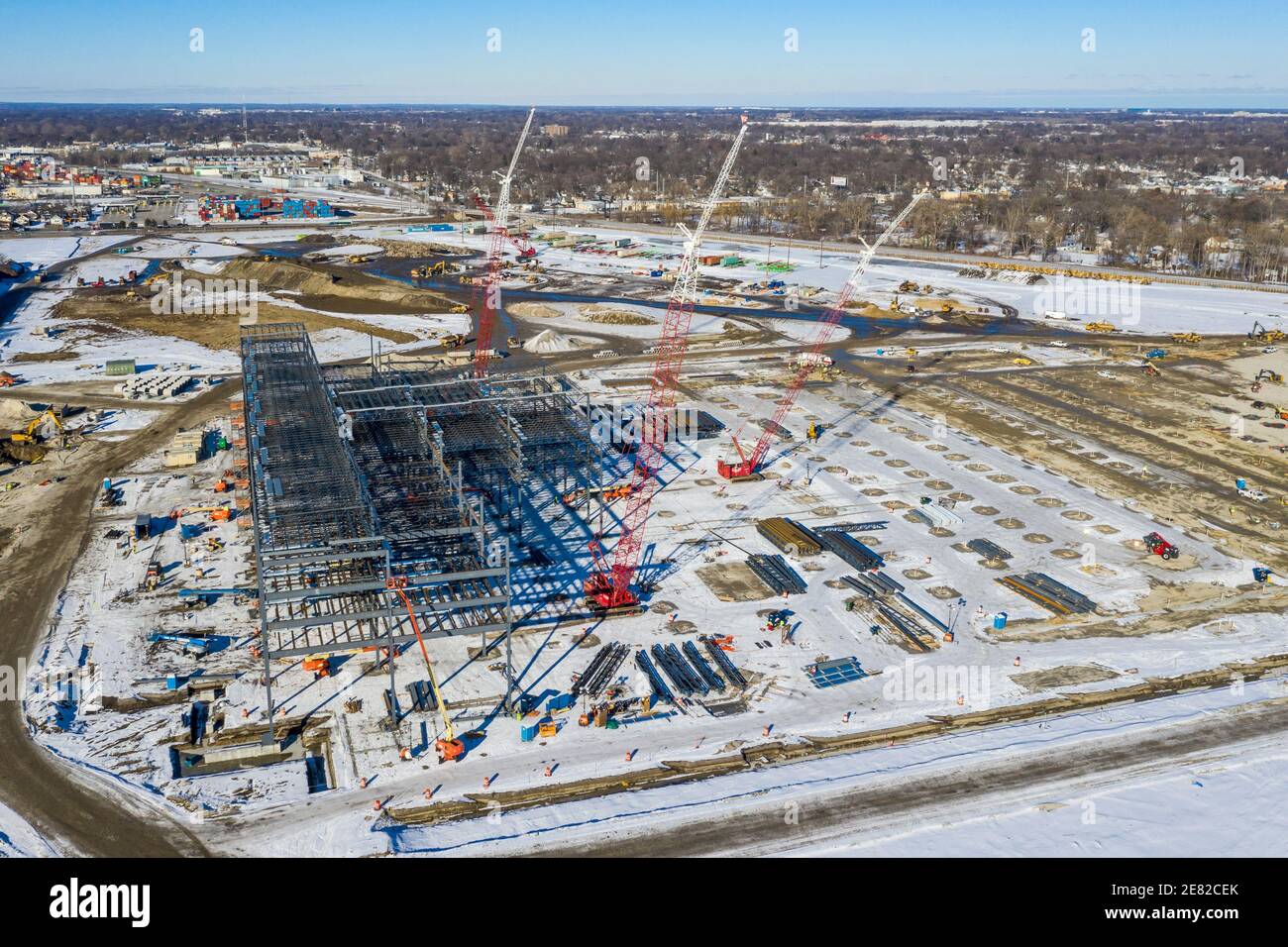 Detroit, Michigan, USA. 29th Jan, 2020. Construction is underway on a $400  million Amazon.com distribution center on the site of the former Michigan  State Fairgrounds. It will be the largest Amazon facility