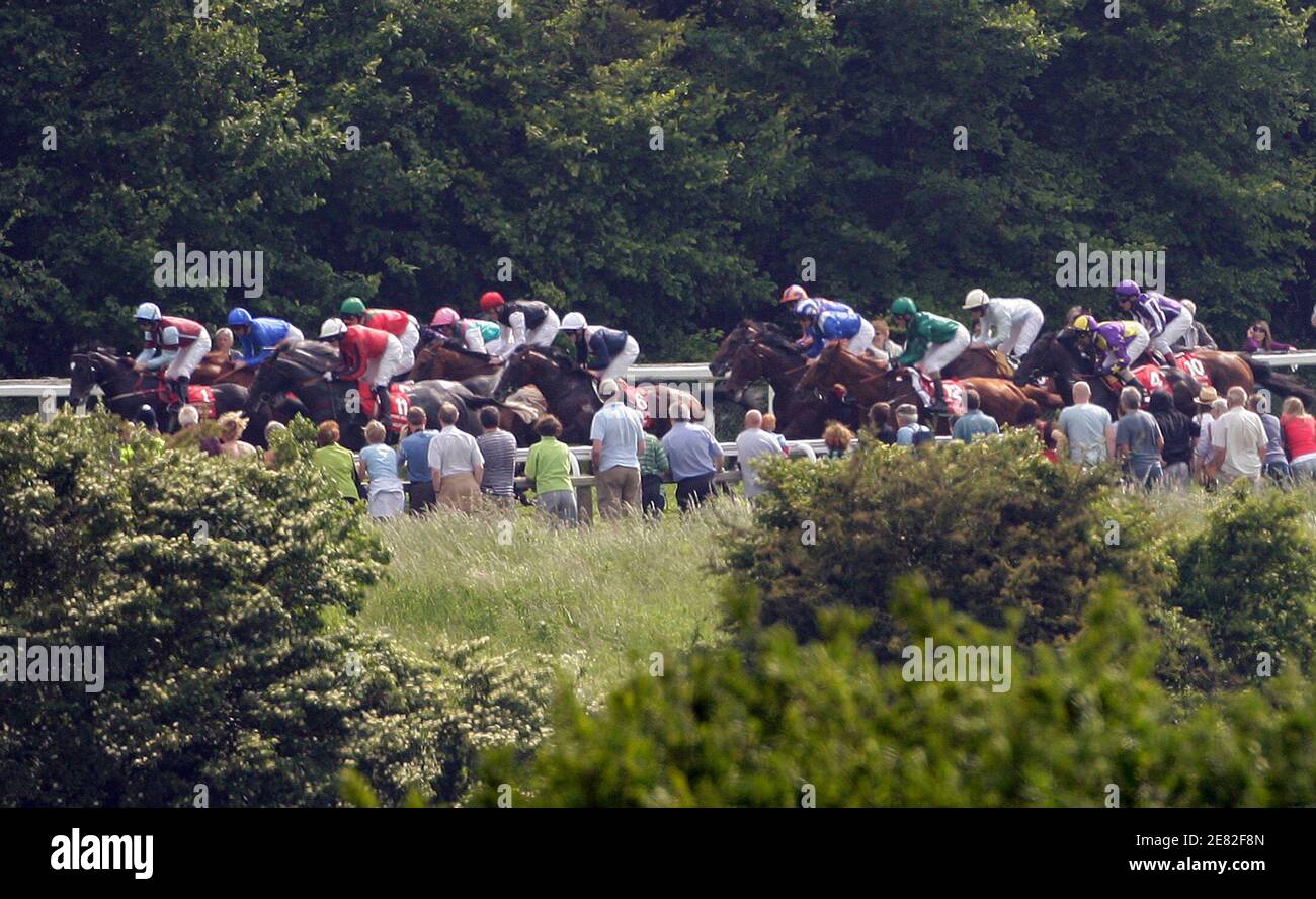 Spectators watch the early stages of the Derby during the Epsom Derby Festival at Epsom Downs in Surrey, southern England, June 7, 2008.  REUTERS/Darren Staples   (BRITAIN) Stock Photo