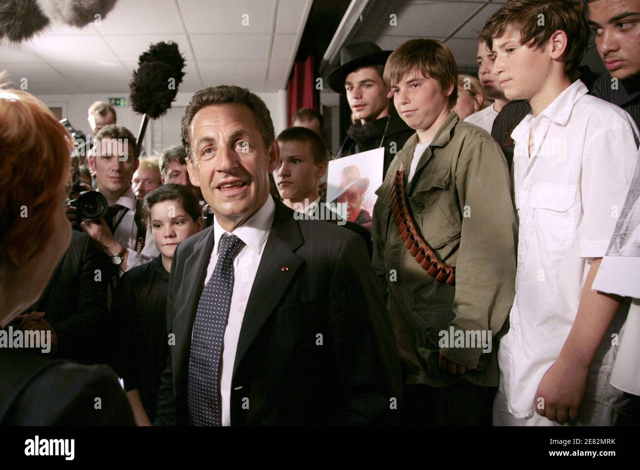 French President Nicolas Sarkozy talks with students during his visits at the Port Lympia high school in Nice, southern France on June 12, 2007. Photo by Axelle de Russe/ ABACAPRESS.COM Stock Photo