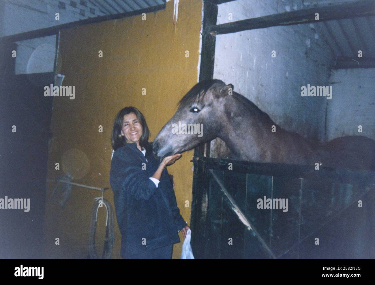 Photo representing Former Presidential candidate Ingrid Betancourt with her horse in 2001, Colombia. She has been kidnapped with her assistant Clara Rojas by the Armed Revolutionnary Forces of Colombia, FARC, in February 2002. Rojas had a baby in captivity named Emmanuel. The 3-year old boy is becoming the centerpiece of an international campaign by President Alvaro Uribe to draw attention to their suffering and pressure their captors to free them. Photo by Jules Motte/ABACAPRESS Stock Photo