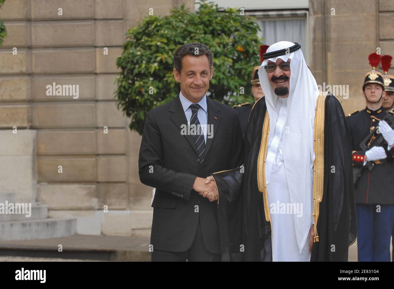 French president Nicolas Sarkozy receives Saudi king Abdullah Bin Abdulaziz Al Saud at the Elysee Palace in Paris, on June 21, 2007. Photo by Ammar Abd Rabbo/ABACAPRESS.COM Stock Photo