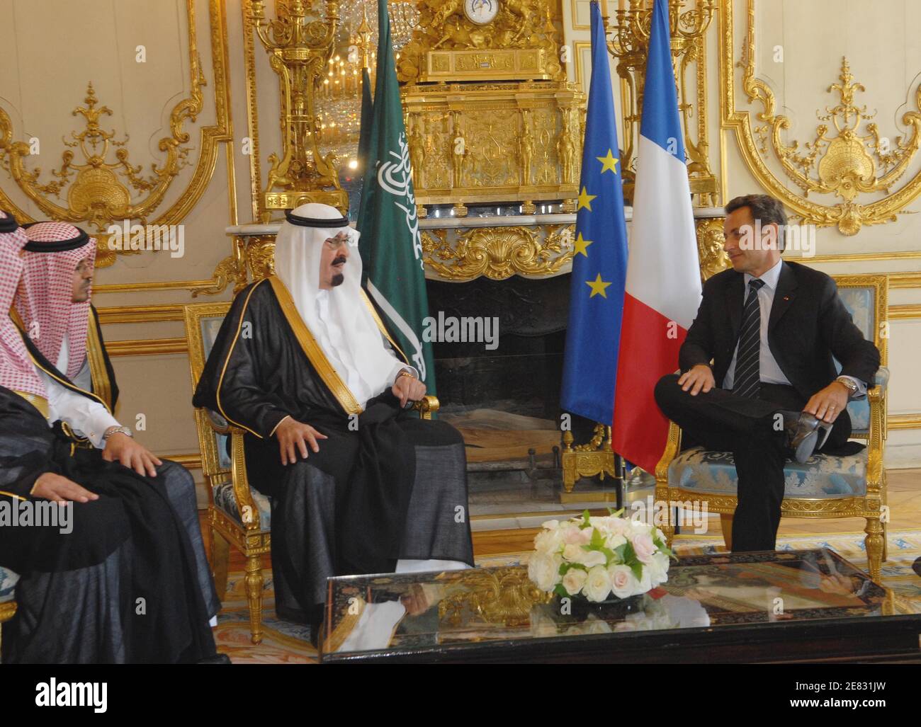 French president Nicolas Sarkozy receives Saudi king Abdullah Bin Abdulaziz Al Saud at the Elysee Palace in Paris, on June 21, 2007. Photo by Ammar Abd Rabbo/ABACAPRESS.COM Stock Photo