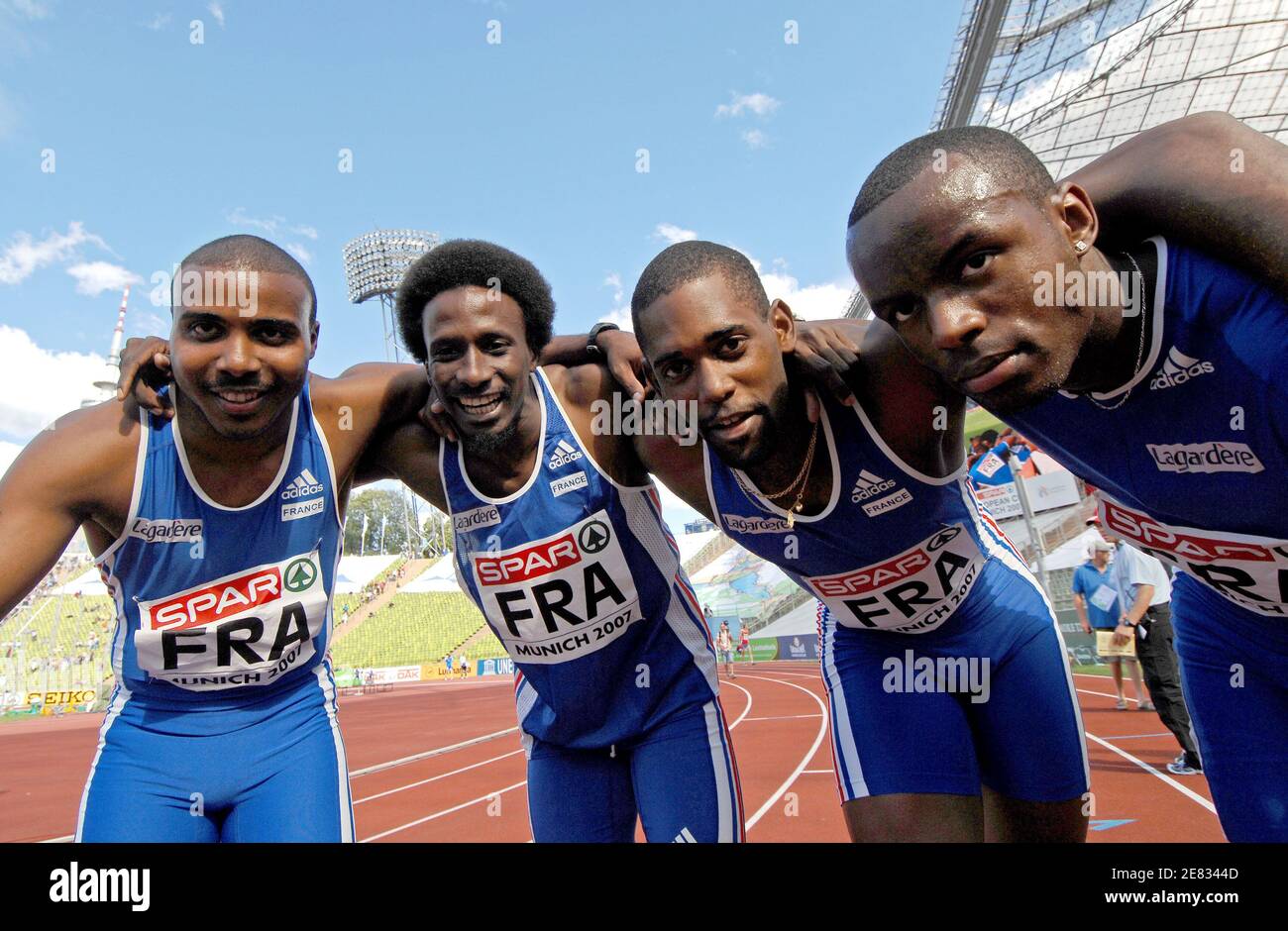 French Athlets (From L to R) Eddy Delepine, Issa Aime N'Thepee, David Alerte and Martial Mbandjock pose at the end of the men's 4x100 meters relay during the Spar European Cup in athletics, in Munich, Germany, on June 23, 2007. Photo by Christophe Guibbaud/Cameleon/ABACAPRESS.COM Stock Photo