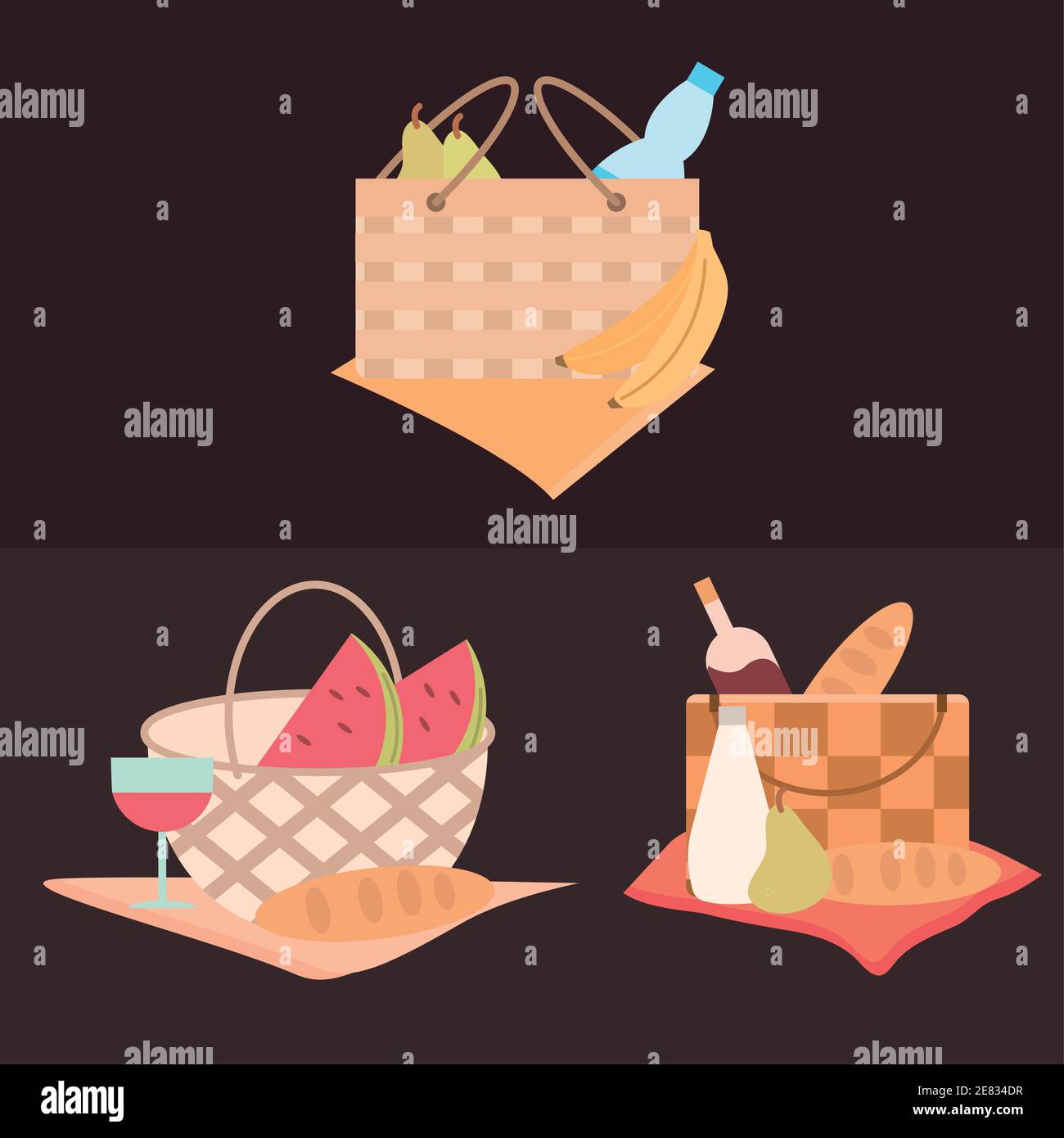 picnic checked basket set fruits bread wine bottle glass and water ...