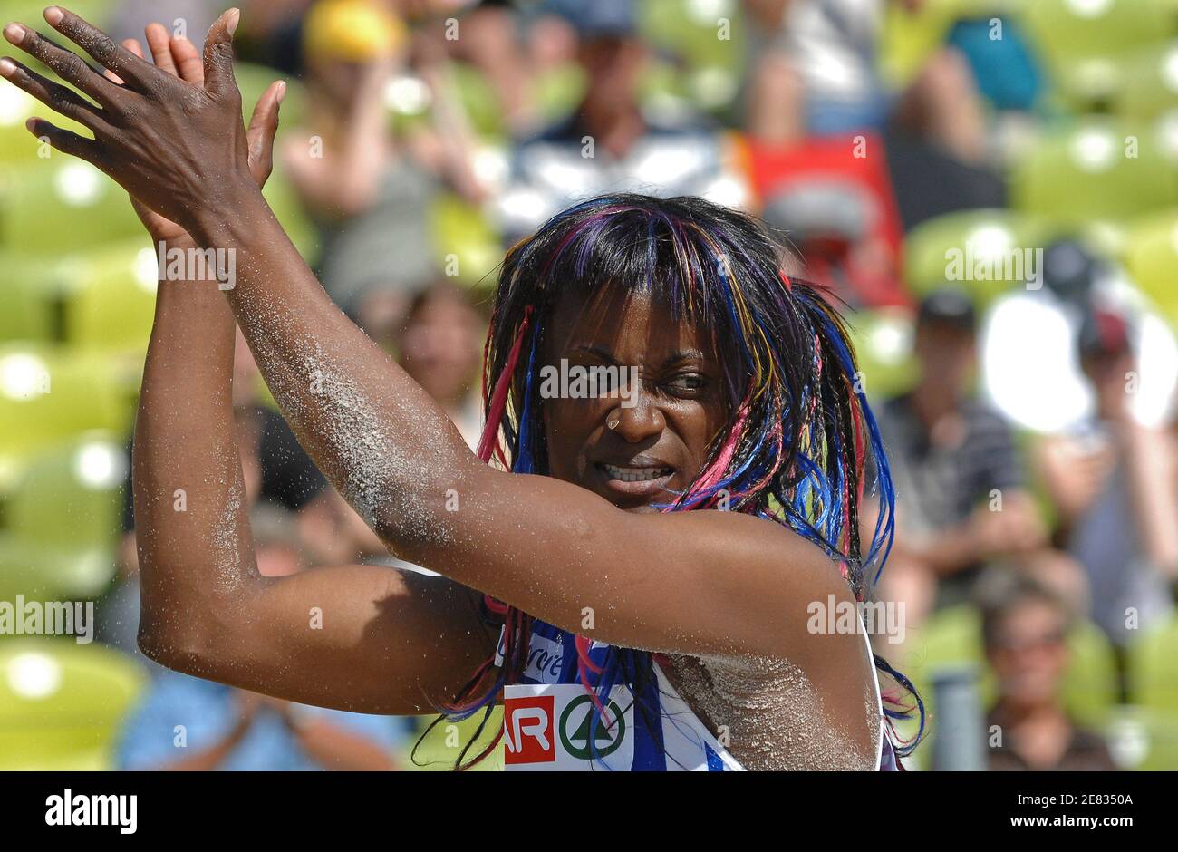 French athlet Eunice Barber competes on women’s long jump during the
