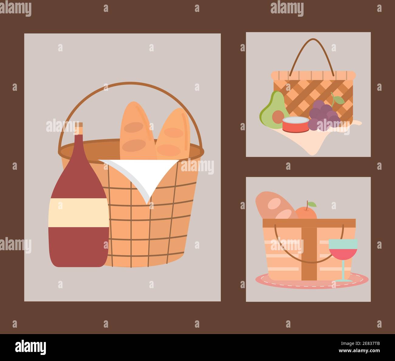 picnic basket set with wine bottle glass bread gruits vector ...