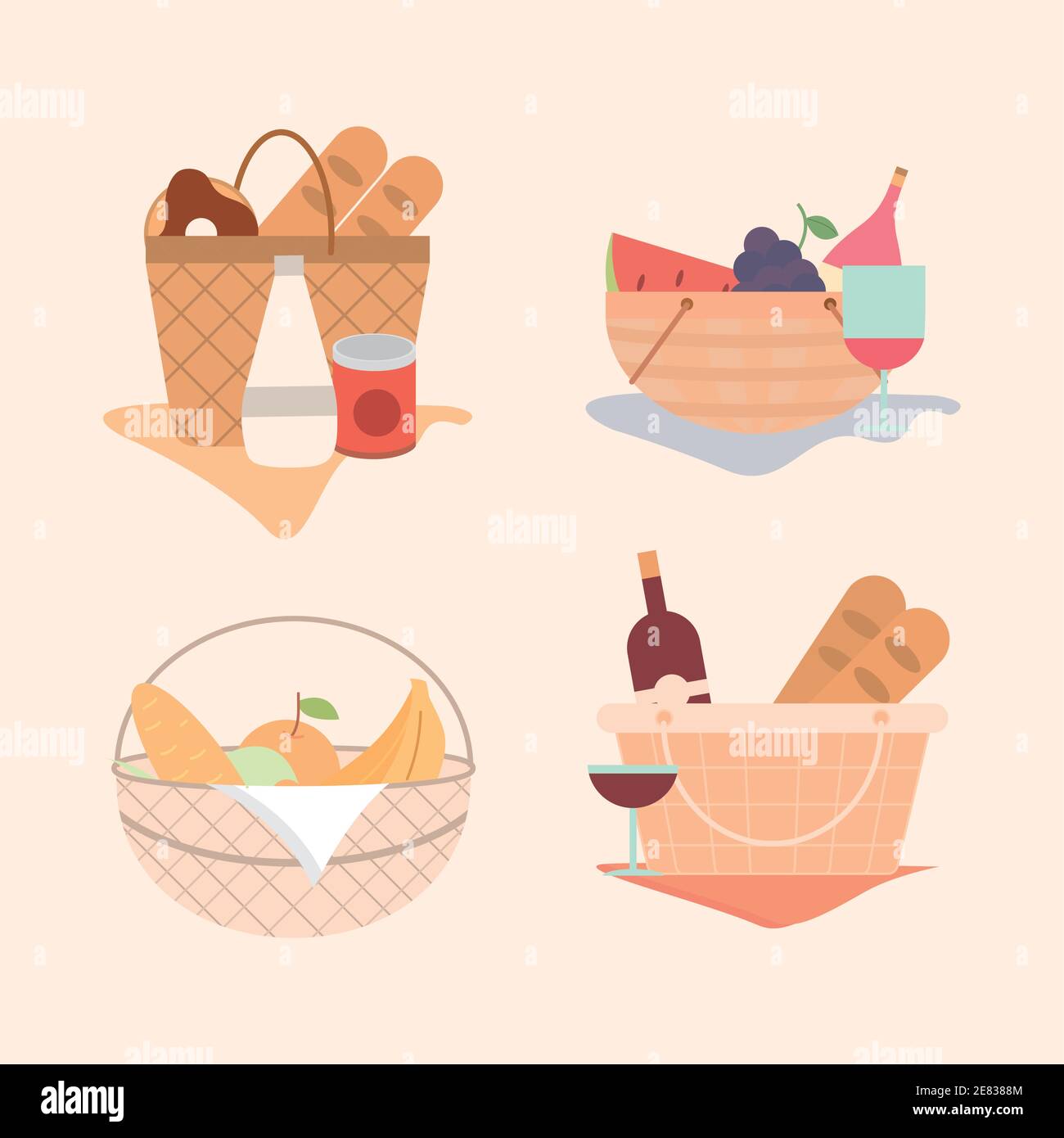 picnic basket different collection with wine bottle fruits bread and ...