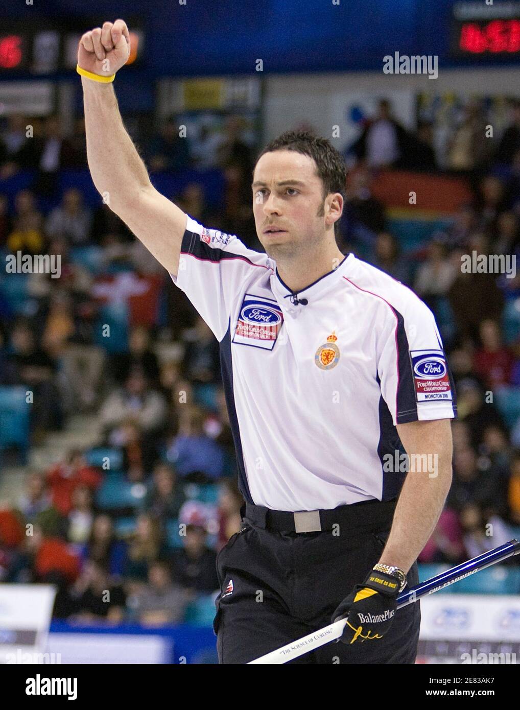 Scotland's skip David Murdoch celebrates after making a shot during their  game against Canada at the World Men's Curling Championships in Moncton,  New Brunswick April 9, 2009. Scotland defeated Canada. REUTERS/Andy Clark (