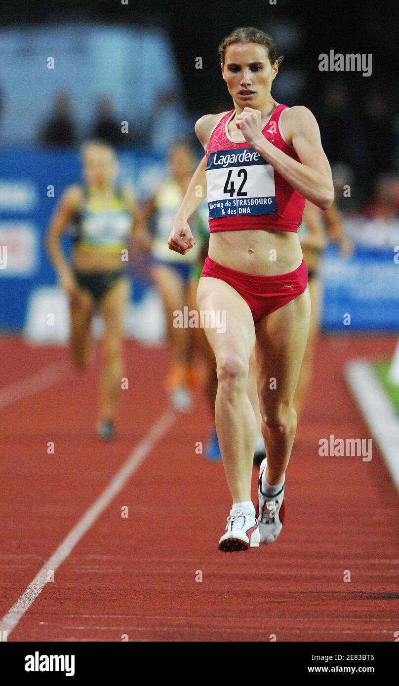 French athlet Elodie Guegan competes on women's 800 meters during the  Lagardere meeting of Strasbourg, at