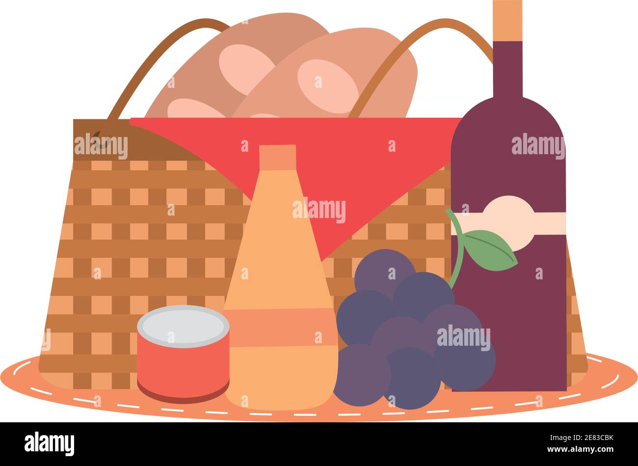 picnic basket bread wine bottle grapes juice and canned food vector ...
