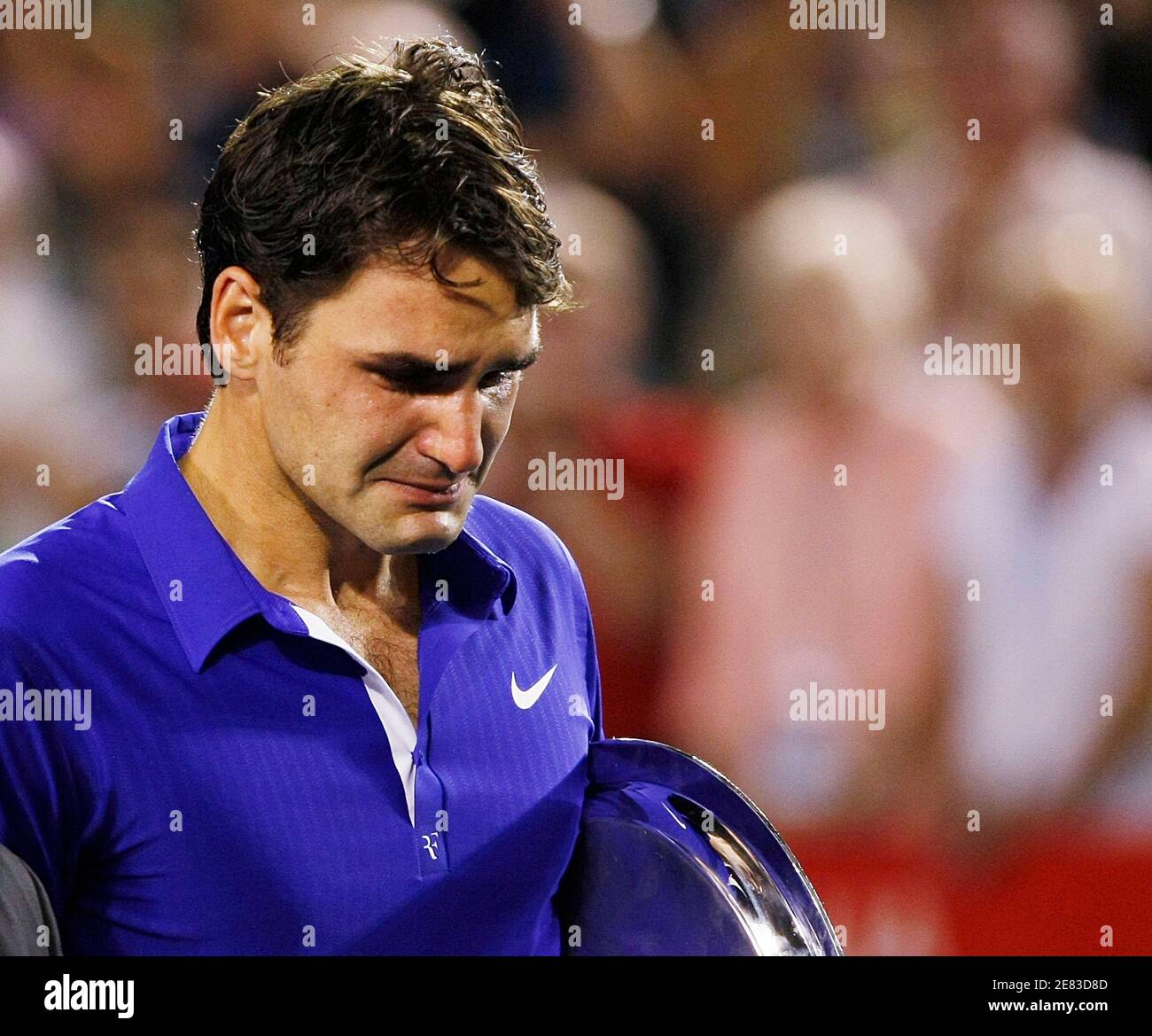 Switzerland's Roger Federer cries after losing his men's singles final  match against Spain's Rafael Nadal at the Australian Open tennis tournament  in Melbourne February 1, 2009. REUTERS/Darren Whiteside (AUSTRALIA Stock  Photo - Alamy