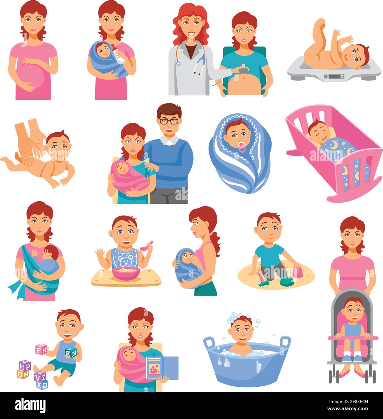 Parents and baby flat icons set with mother and father isolated vector ...