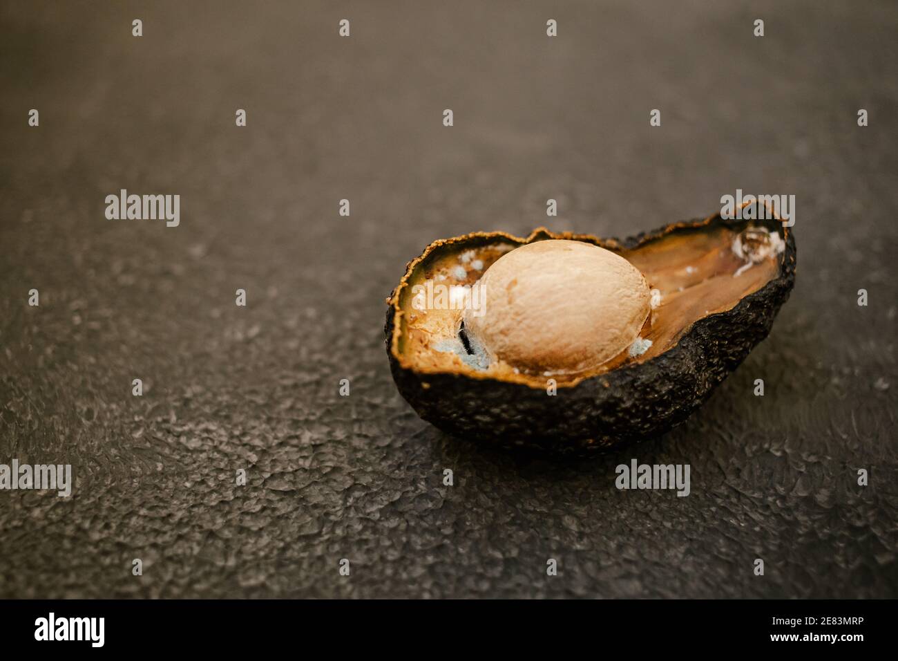 Half of unhealthy rotten spoiled avocado on dark background. Bad avocado cut open. Moldy avocado. Copy space. Stock Photo