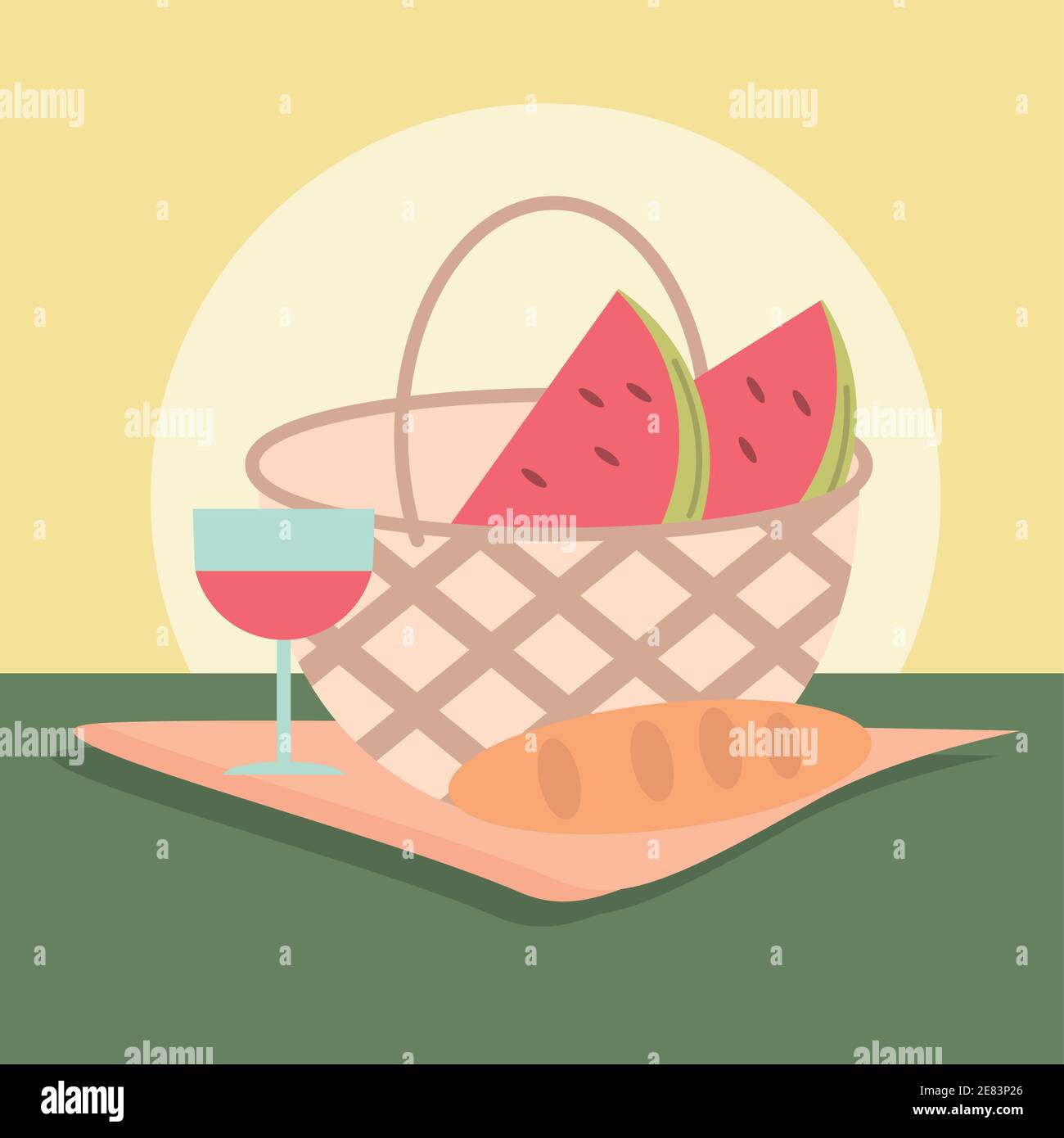picnic basket watermelon wine glass and bread on blanket vector ...