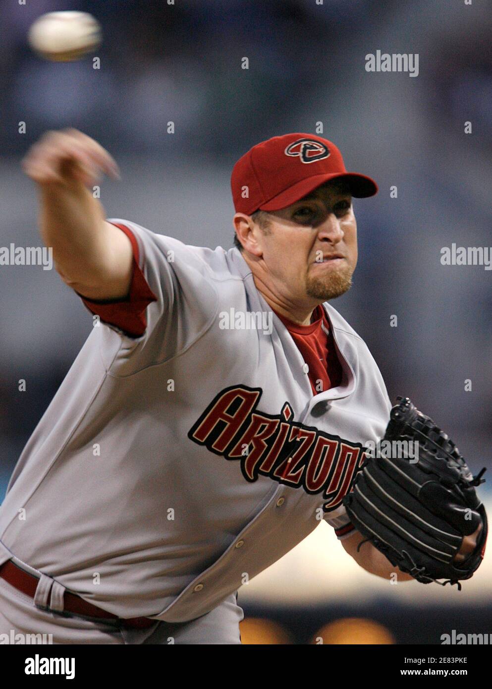 Arizona Diamondbacks starting pitcher Brandon Webb, the 2006  National League Cy Young award winner, faces San Diego Padres in the first inning during their National League baseball game in San Diego, California April 18, 2007 .          REUTERS/Mike Blake             (UNITED STATES) Stock Photo